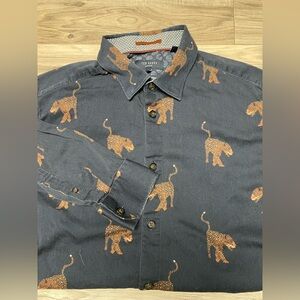 Ted Baker Panther Party Shirt Button Up Size 4 Large Navy Animal Print Cotton